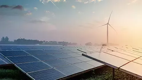 Panneaux solaires et éolienne à l’arrière-plan